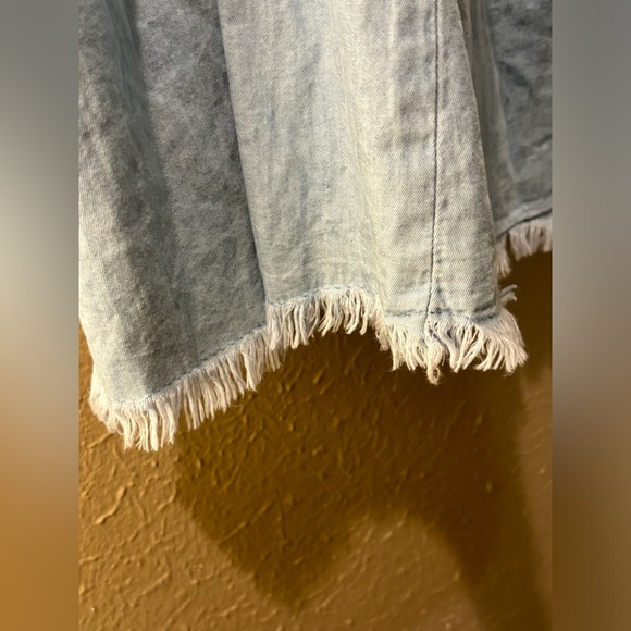 Soft denim off shoulders babydoll dress, fringed sleeves, fringed bottom. Size M - Picture 3 of 5